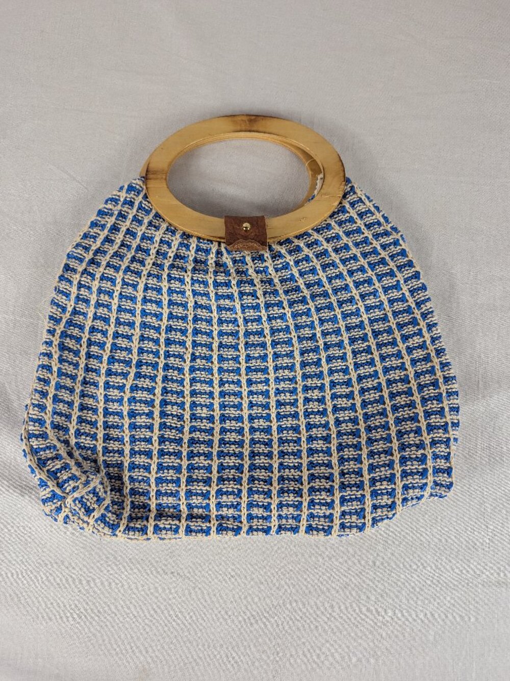 Crochet Boho Purse Handbag Blue White Wooden Handles Basket Style Vintage NEW